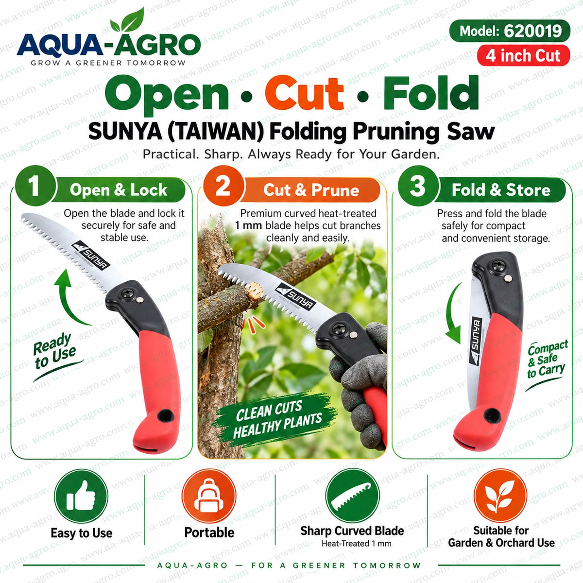 SUNYA 620019 folding pruning saw with open cut fold design heat treated 1 mm curved blade compact portable pruning tool for garden orchard and tree care