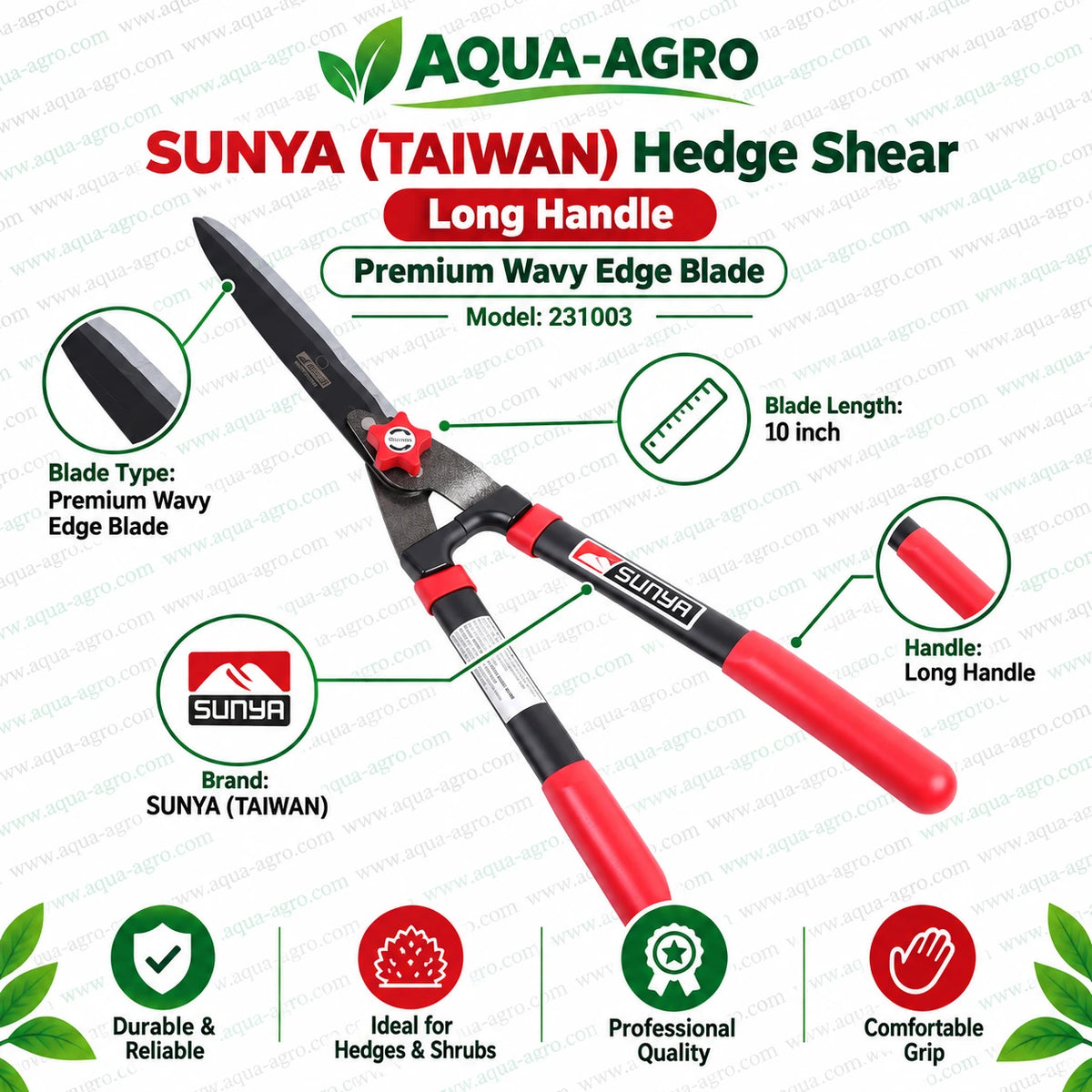 SUNYA Taiwan hedge shear model 231003 with 10 inch premium wavy edge blade long handles durable construction and comfortable grips for hedge and shrub trimming