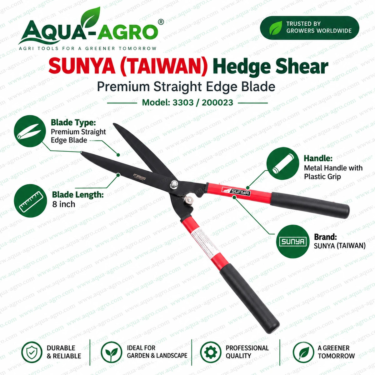 SUNYA Taiwan 3303 200023 premium straight edge hedge shear trimming garden hedges with 8 inch blades metal handles and comfortable plastic grips