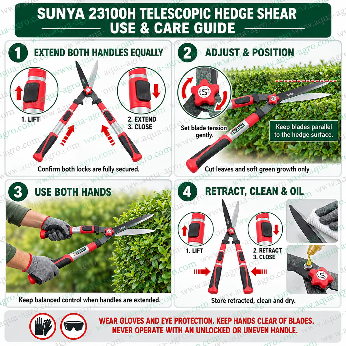 SUNYA Taiwan 23100H telescopic hedge shear use and care guide with extendable handles adjustable blade tension flat fixed locks and premium straight blades for controlled hedge trimming