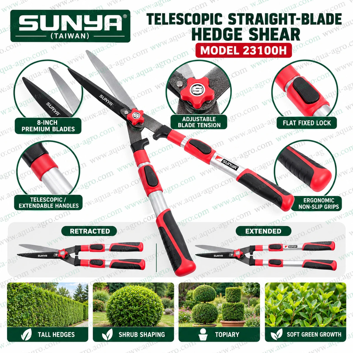 SUNYA Taiwan 23100H telescopic hedge shear with 8 inch premium straight edge blades extendable handles flat fixed locks adjustable blade tension and ergonomic non slip grips for tall hedges shrub shaping topiary and soft green growth