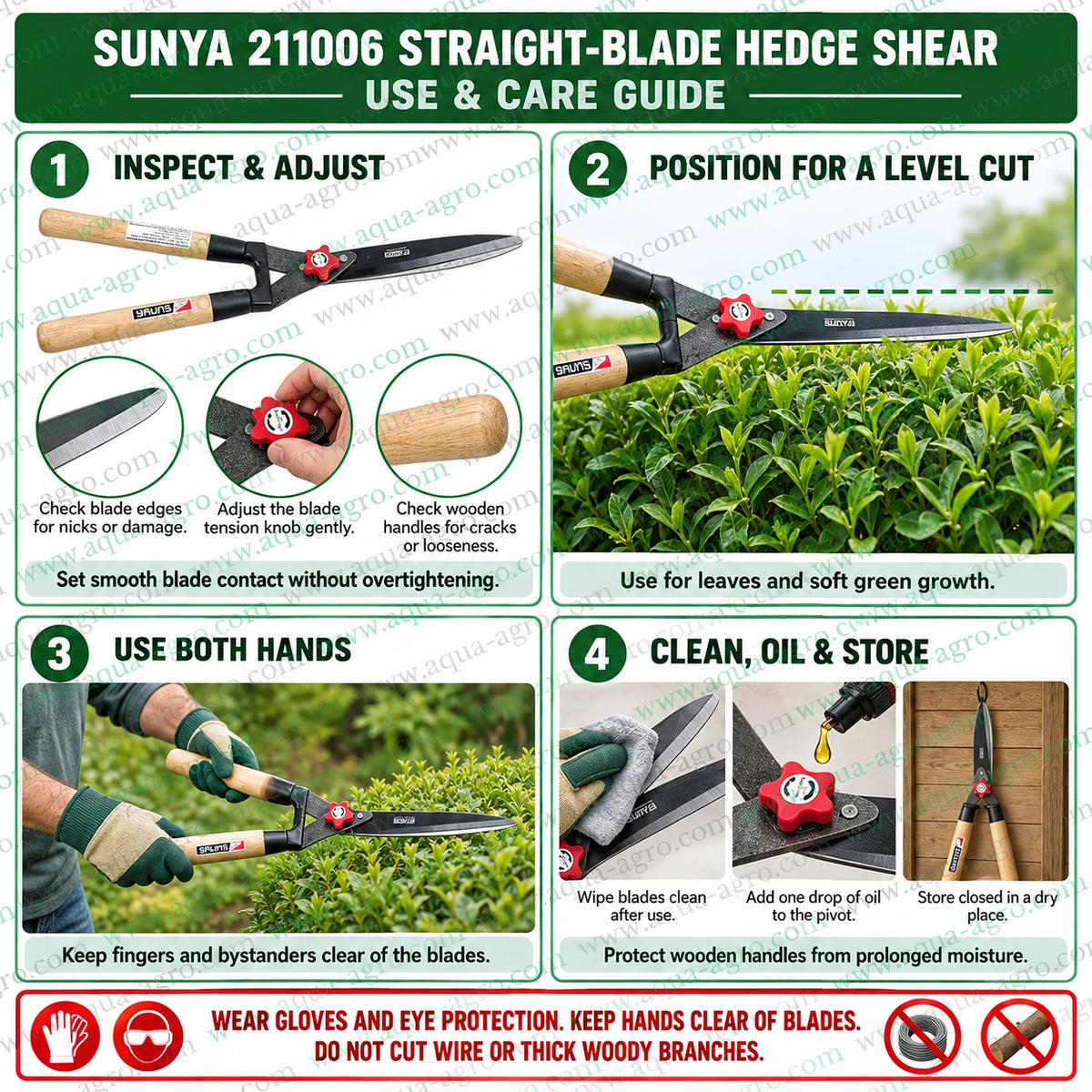 SUNYA Taiwan 211006 premium hedge shear with 8 inch straight edge blades adjustable blade tension durable steel arms and natural wooden handles for hedge shaping shrub trimming topiary and soft green growth