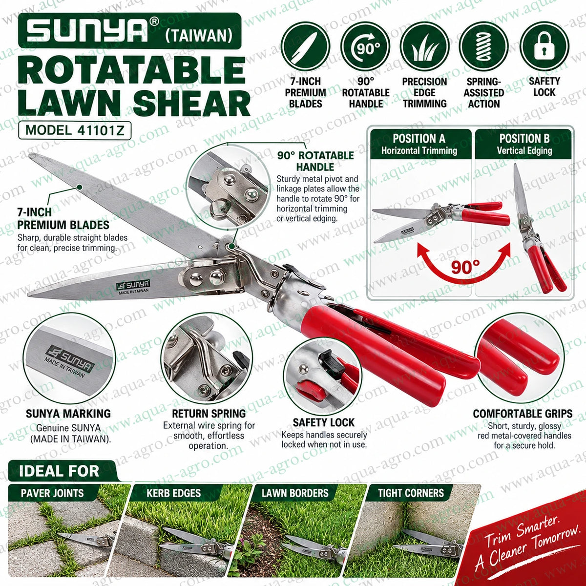 SUNYA 41101Z rotatable lawn shear use and care guide with 7 inch premium blades 90 degree adjustable cutting angle safety lock and spring assisted action for lawn edge trimming