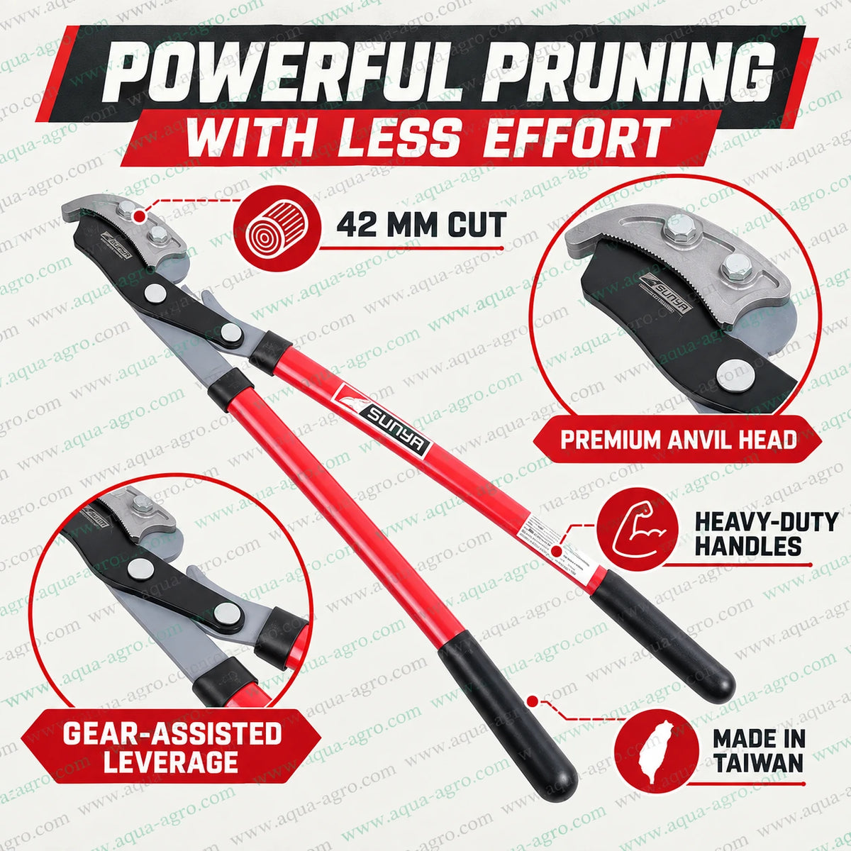 SUNYA 105013 premium anvil lopper with 42mm cutting capacity compound gear action long non slip grips and heavy duty handles for pruning thick branches fruit trees and orchards