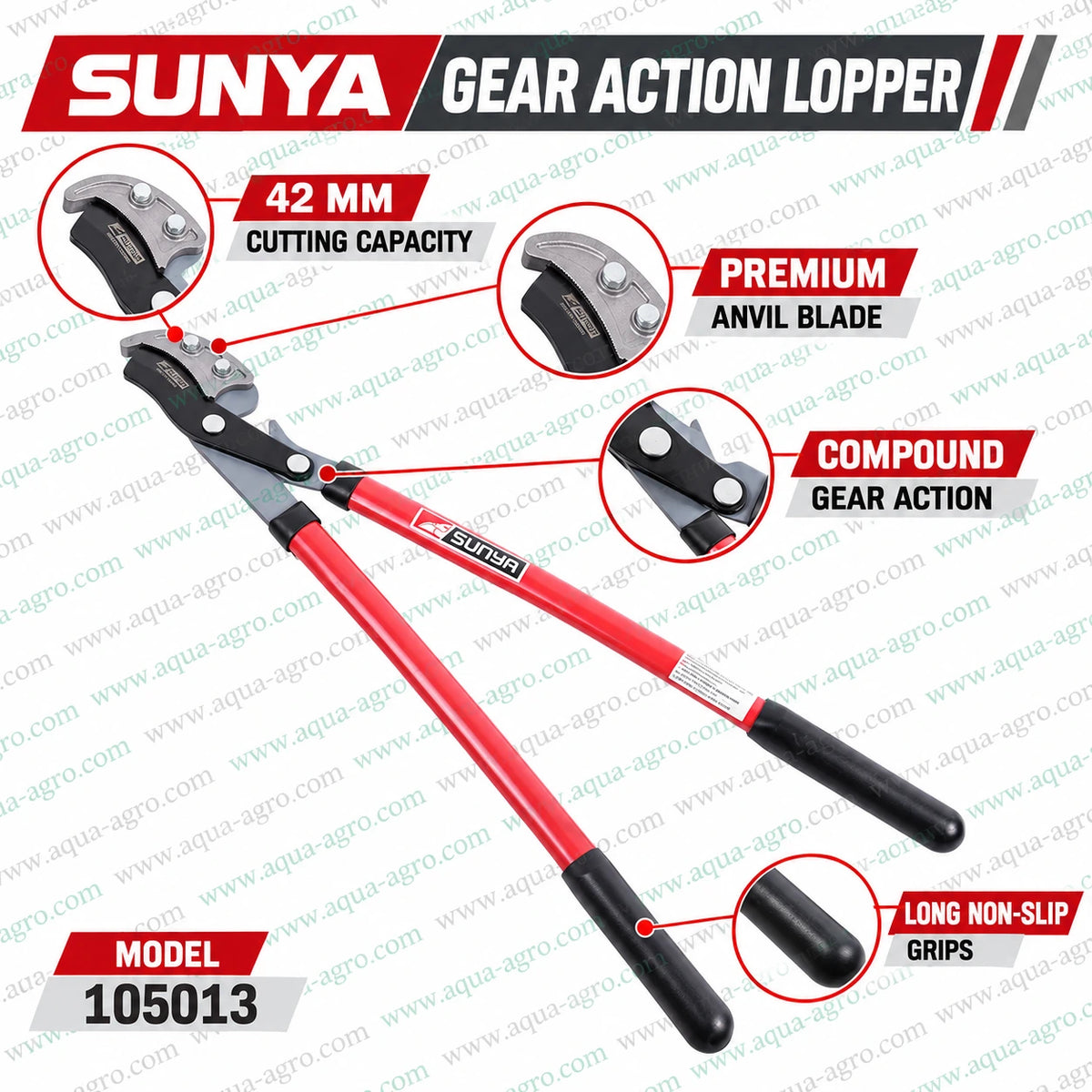 SUNYA Taiwan 105013 gear action anvil lopper with premium anvil blade 42mm cutting capacity gear assisted leverage heavy duty handles for powerful tree branch pruning