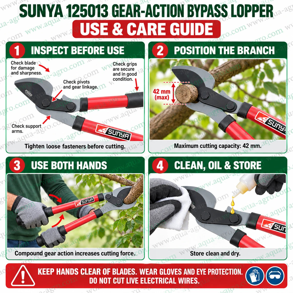 SUNYA Taiwan 125013 gear action bypass lopper cutting tree branch with 42mm cutting capacity long reach handles and compound gear power for orchard and garden pruning