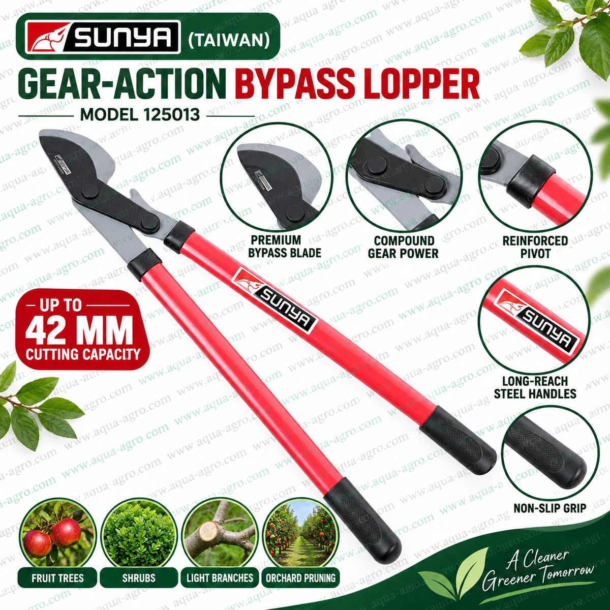 SUNYA Taiwan 125013 gear action bypass lopper use and care guide with premium bypass blade compound gear mechanism 42mm cutting capacity and long reach handles for branch pruning