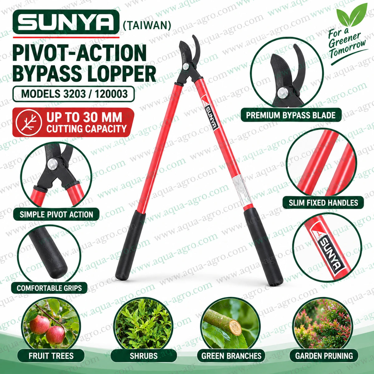 SUNYA Taiwan 3203 120003 pivot action bypass lopper with premium bypass blade 30mm cutting capacity for pruning fruit trees shrubs green branches and garden plants