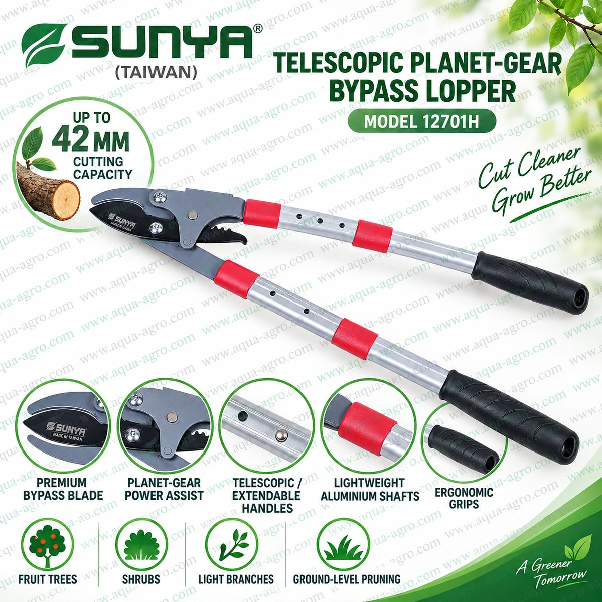 SUNYA Taiwan 12701H telescopic bypass lopper with planet gear power assist premium bypass blade extendable aluminium handles ergonomic grips and 42mm cutting capacity for fruit trees shrubs and branches