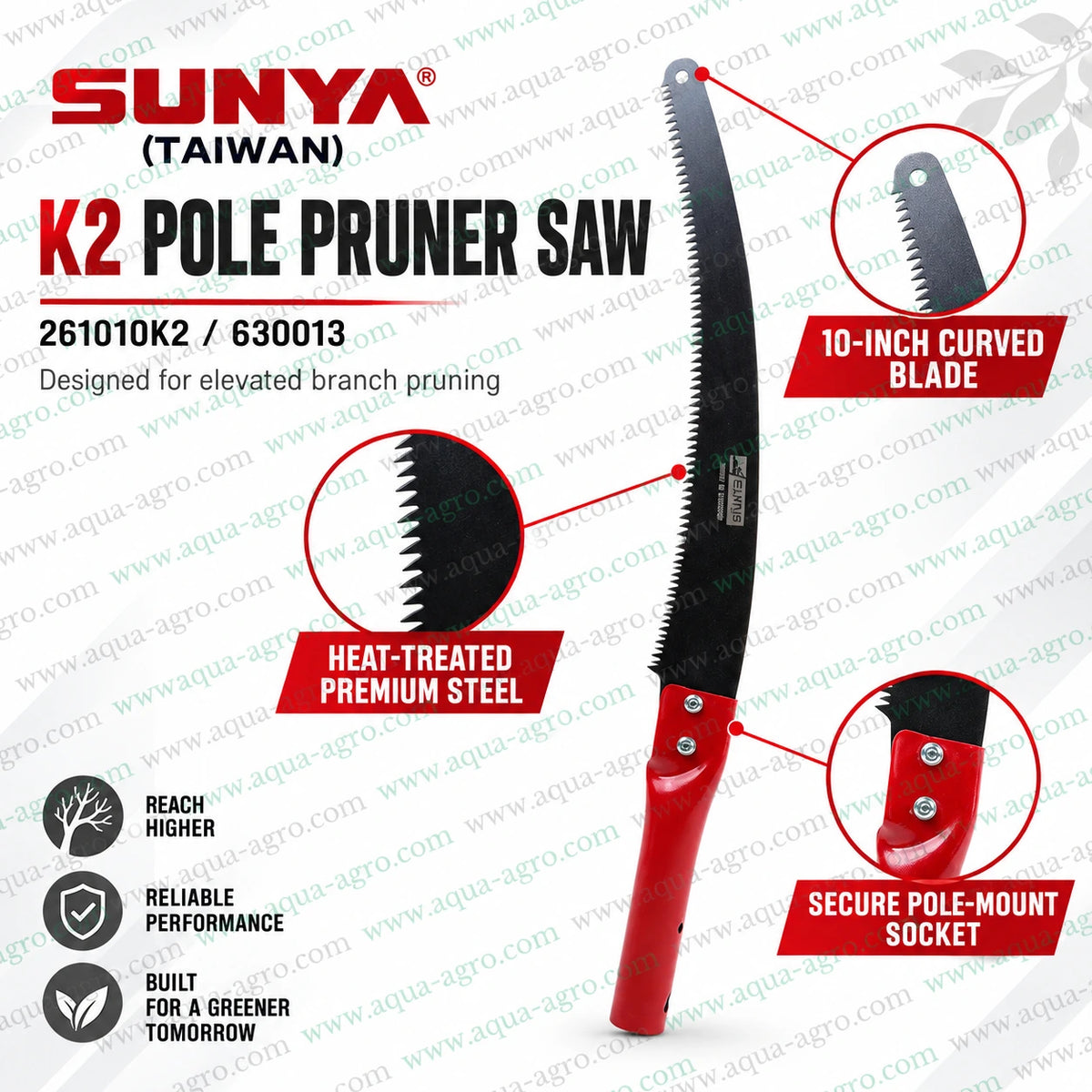 SUNYA Taiwan K2 10 inch curved pole pruning saw with heat treated premium steel blade for high reach orchard tree pruning garden maintenance and branch cutting
