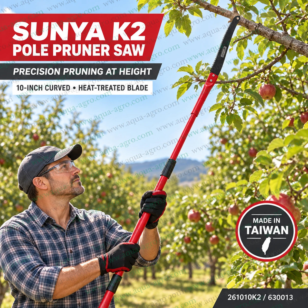 SUNYA Taiwan K2 10 inch premium curved pole pruner saw 261010K2 630013 with heat treated steel blade and secure pole mount socket for elevated tree branch pruning