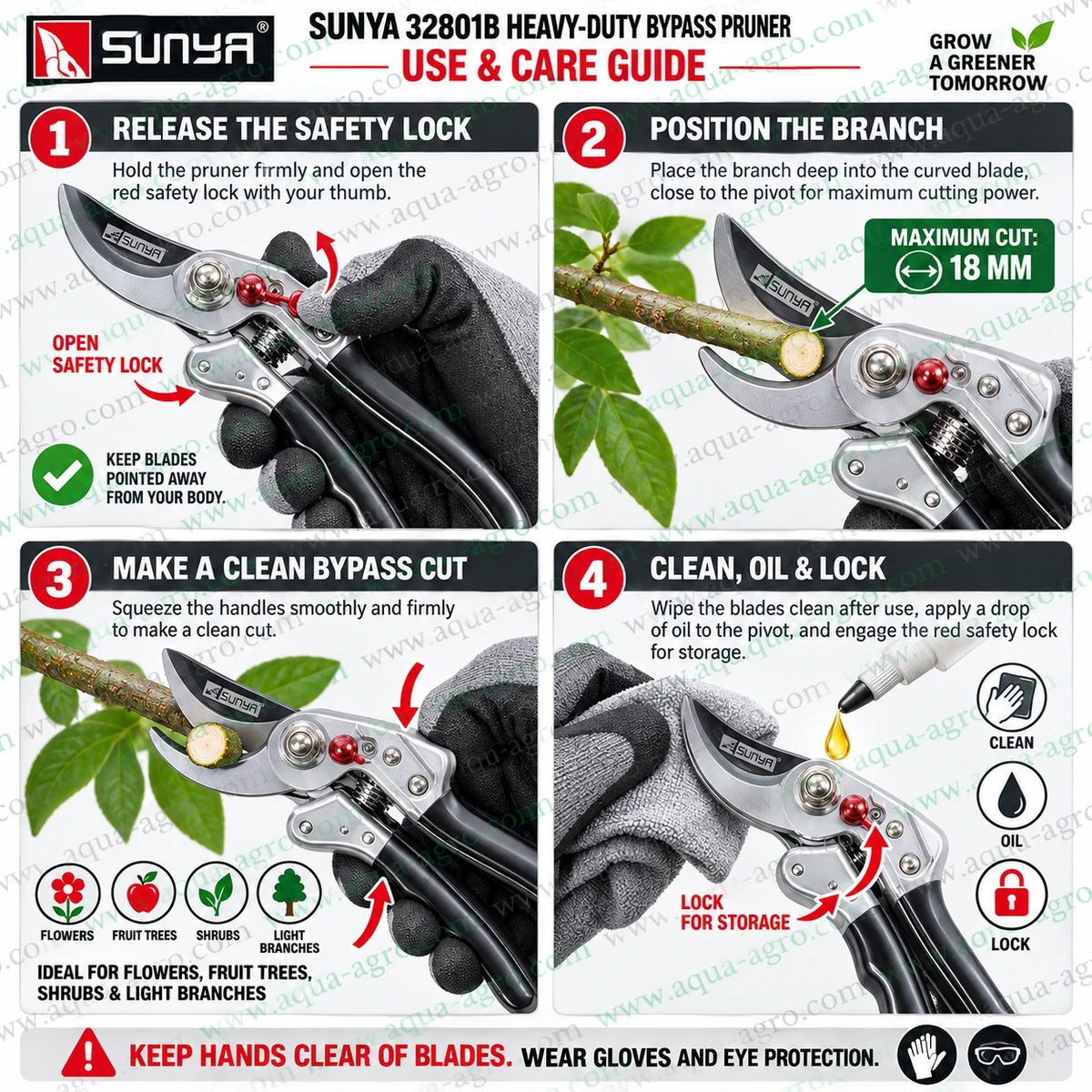 SUNYA 32801B heavy duty bypass pruning shear use and care guide with 18mm cutting capacity for flowers fruit trees shrubs and light branch pruning