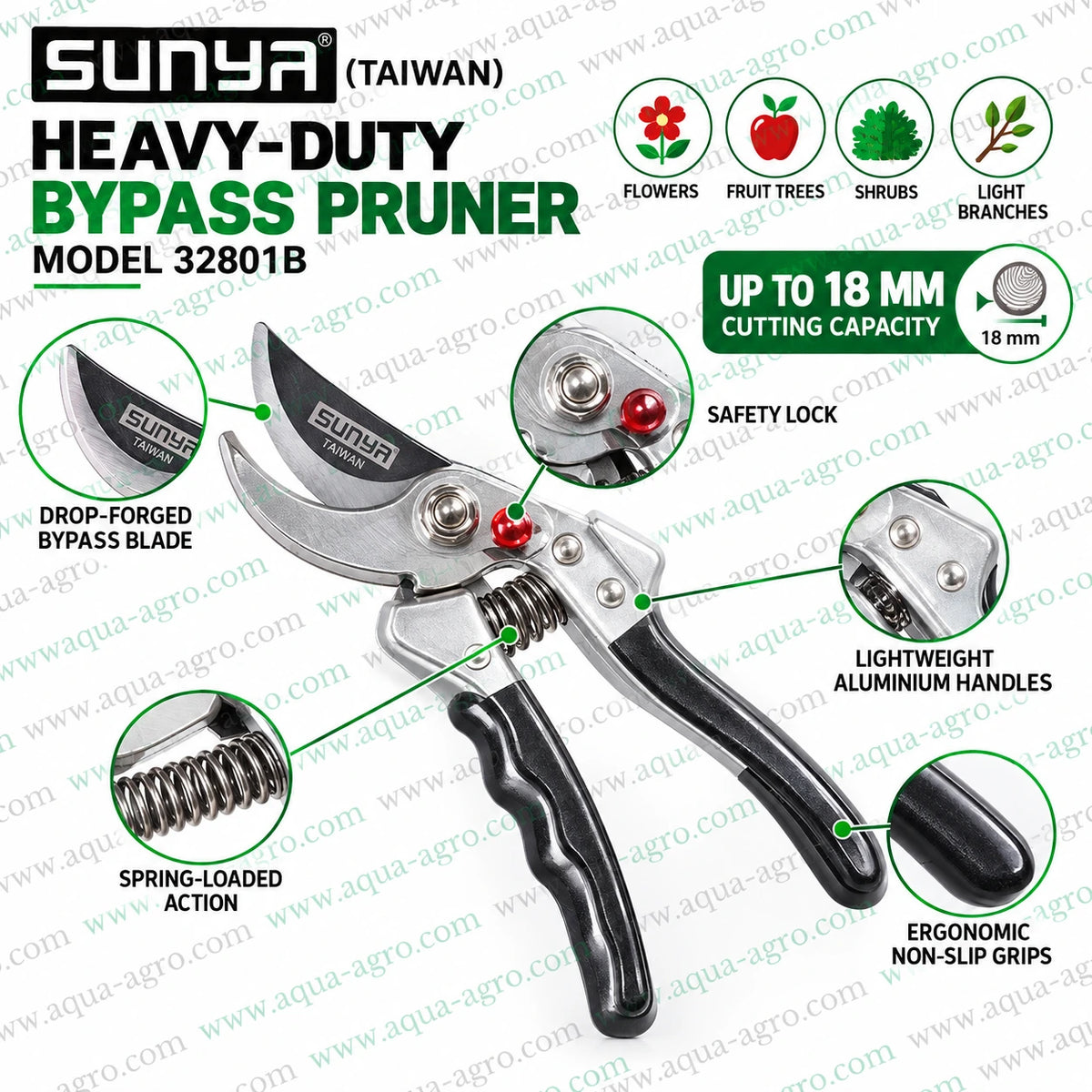 SUNYA Taiwan 32801B heavy duty bypass pruner with drop forged blade aluminium handle ergonomic non slip grip safety lock and 18mm cutting capacity for gardening pruning