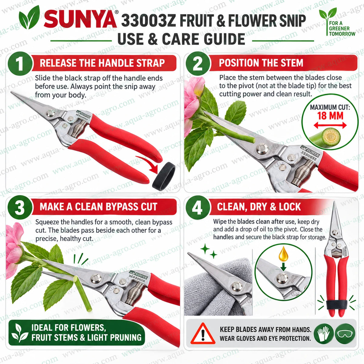 SUNYA 33003Z fruit and flower snip use and care guide with 18mm bypass cutting capacity for flowers fruit stems gardening pruning and plant maintenance