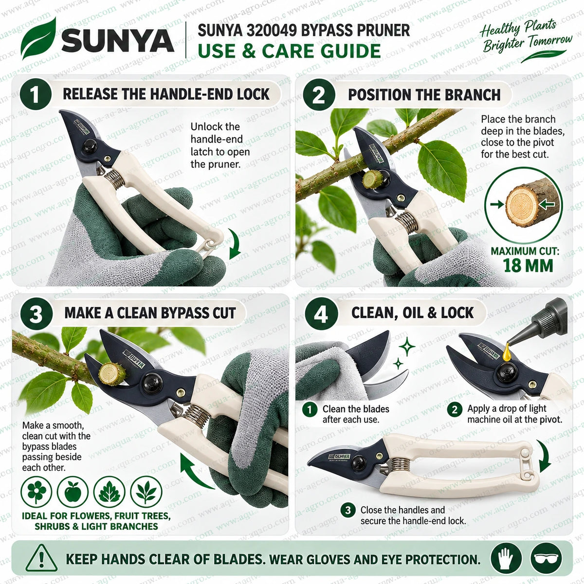 SUNYA Taiwan 320049 bypass pruning secateur use and care guide with 18mm cutting capacity handle end safety lock spring action and precision blades for garden pruning