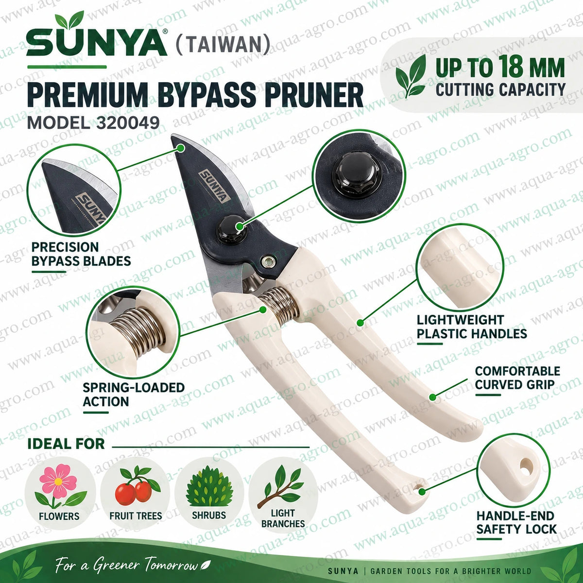 SUNYA Taiwan 320049 premium bypass pruner with precision bypass blades lightweight plastic handles spring loaded action curved grip and 18mm cutting capacity for flowers fruit trees shrubs and light branches