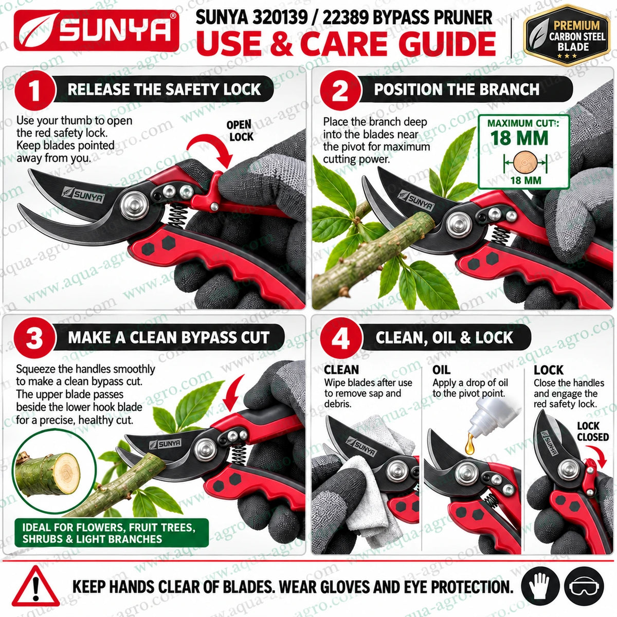 SUNYA Taiwan 320139 22389 premium bypass pruning secateur with carbon steel blade lightweight plastic handles finger contoured grip spring action and 18mm cutting capacity for flowers fruit trees shrubs and light branches