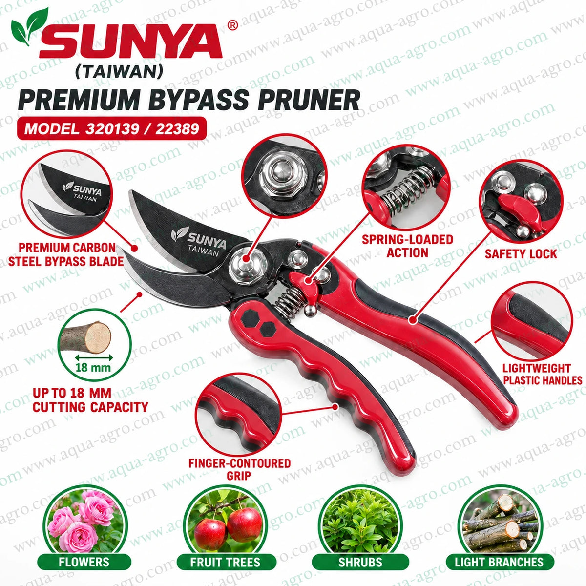 SUNYA Taiwan 320139 22389 premium bypass pruner use and care guide with carbon steel blade 18mm cutting capacity safety lock and plastic grip for garden pruning