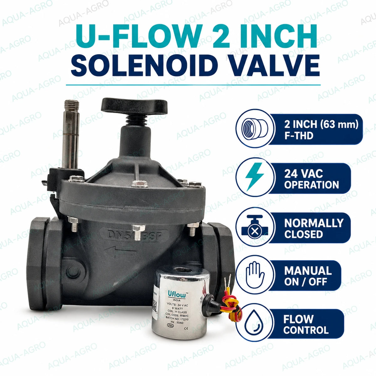 U-FLOW 2 inch 63mm female threaded solenoid valve with 24 VAC coil normally closed operation and flow control for high capacity irrigation automation
