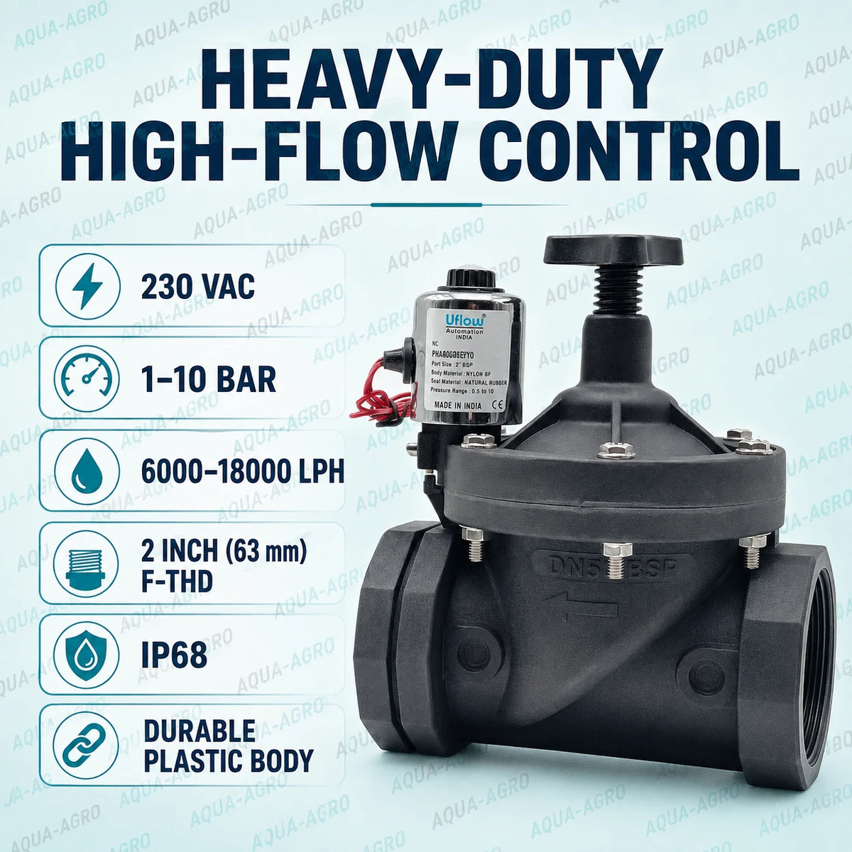U-FLOW 2 inch 63mm female threaded plastic solenoid valve with 230 VAC coil flow control 1 to 10 bar operating pressure and 6000 to 18000 LPH flow range for irrigation automation