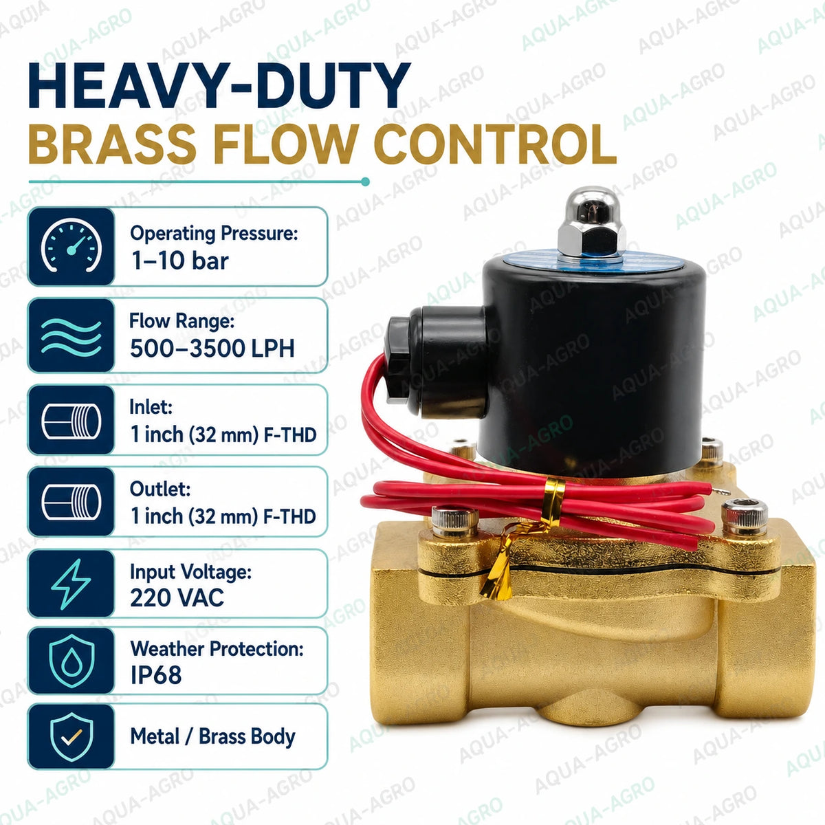 U-FLOW 1 inch 32mm 220 VAC brass solenoid valve installed in an automatic agricultural irrigation system with 500–3500 LPH flow range