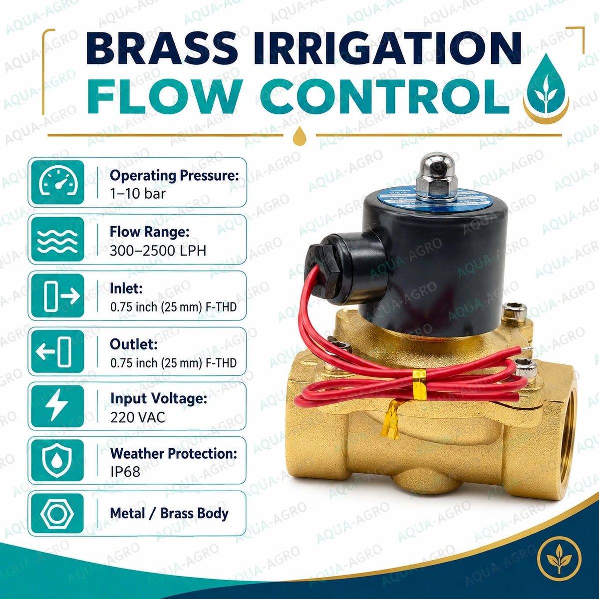 U-FLOW 0.75 inch 25mm female threaded brass solenoid valve with 220 VAC coil for automatic irrigation water flow control