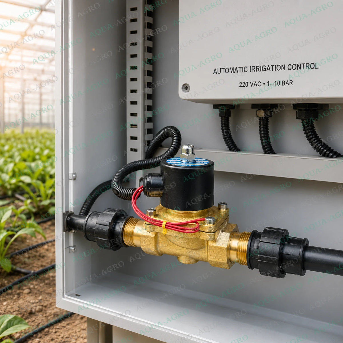 U-FLOW 0.75 inch 25mm 220 VAC brass solenoid valve installed in an automatic agricultural irrigation control system for drip irrigation and water flow management