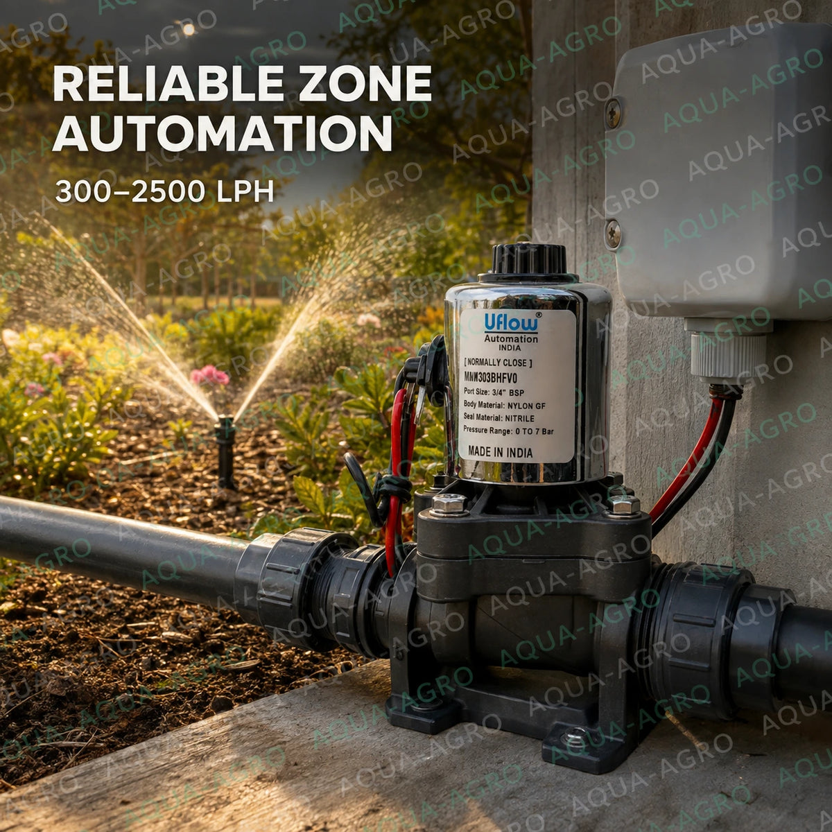 U-FLOW 0.75 inch 25mm female threaded plastic solenoid valve with 230 VAC coil normally closed operation and flow control for irrigation automation