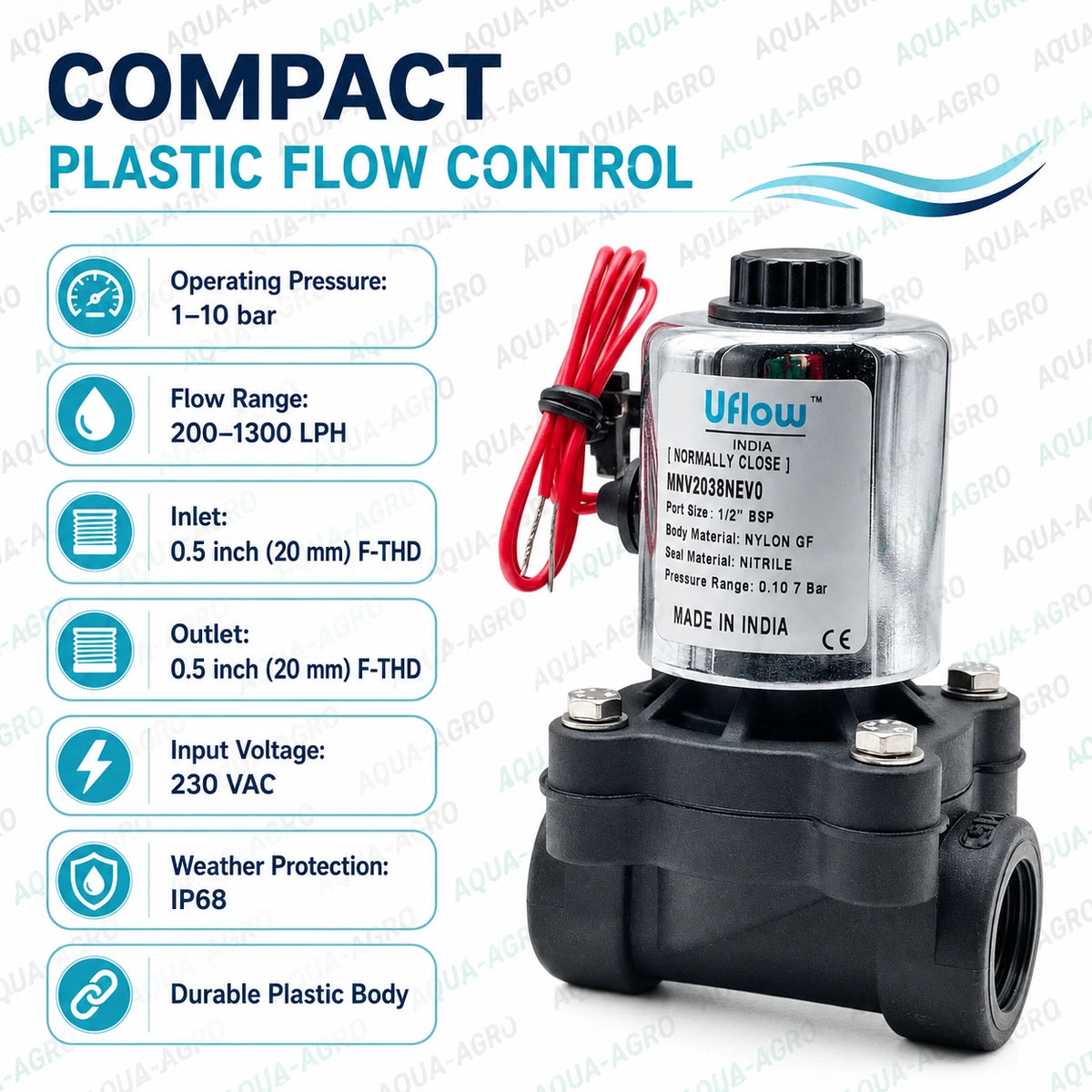 U-FLOW 0.5 inch 20mm female threaded plastic solenoid valve with 230 VAC coil flow control 1 to 10 bar operating pressure and 200 to 1300 LPH flow for irrigation automation