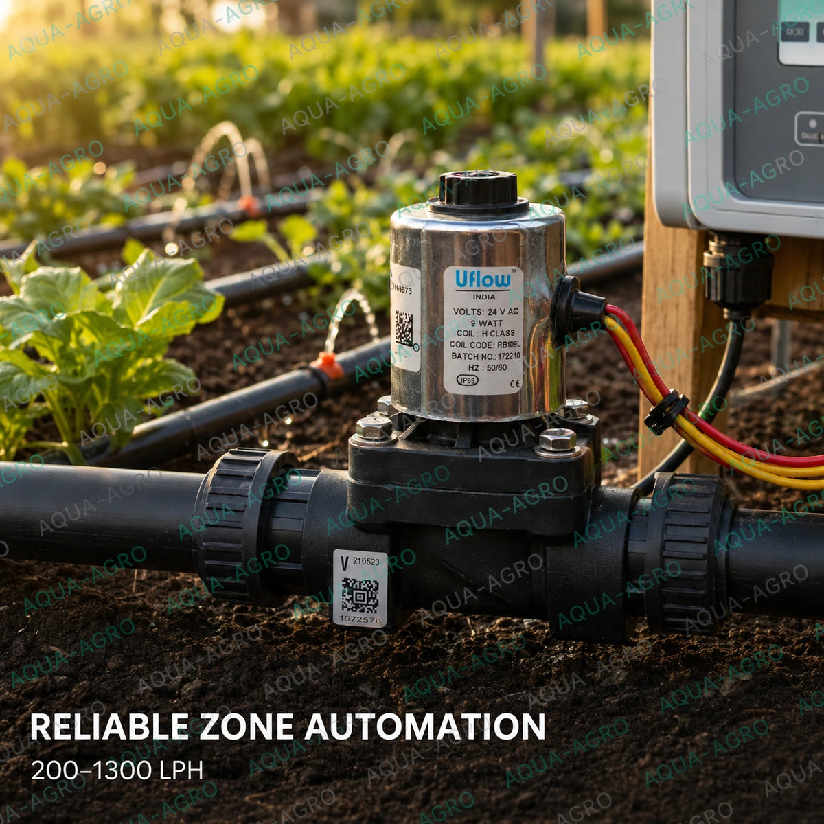 U-FLOW 0.5 inch 20mm 24 VAC irrigation solenoid valve installed in automatic drip irrigation system with flow control for garden agriculture landscape and irrigation zone automation