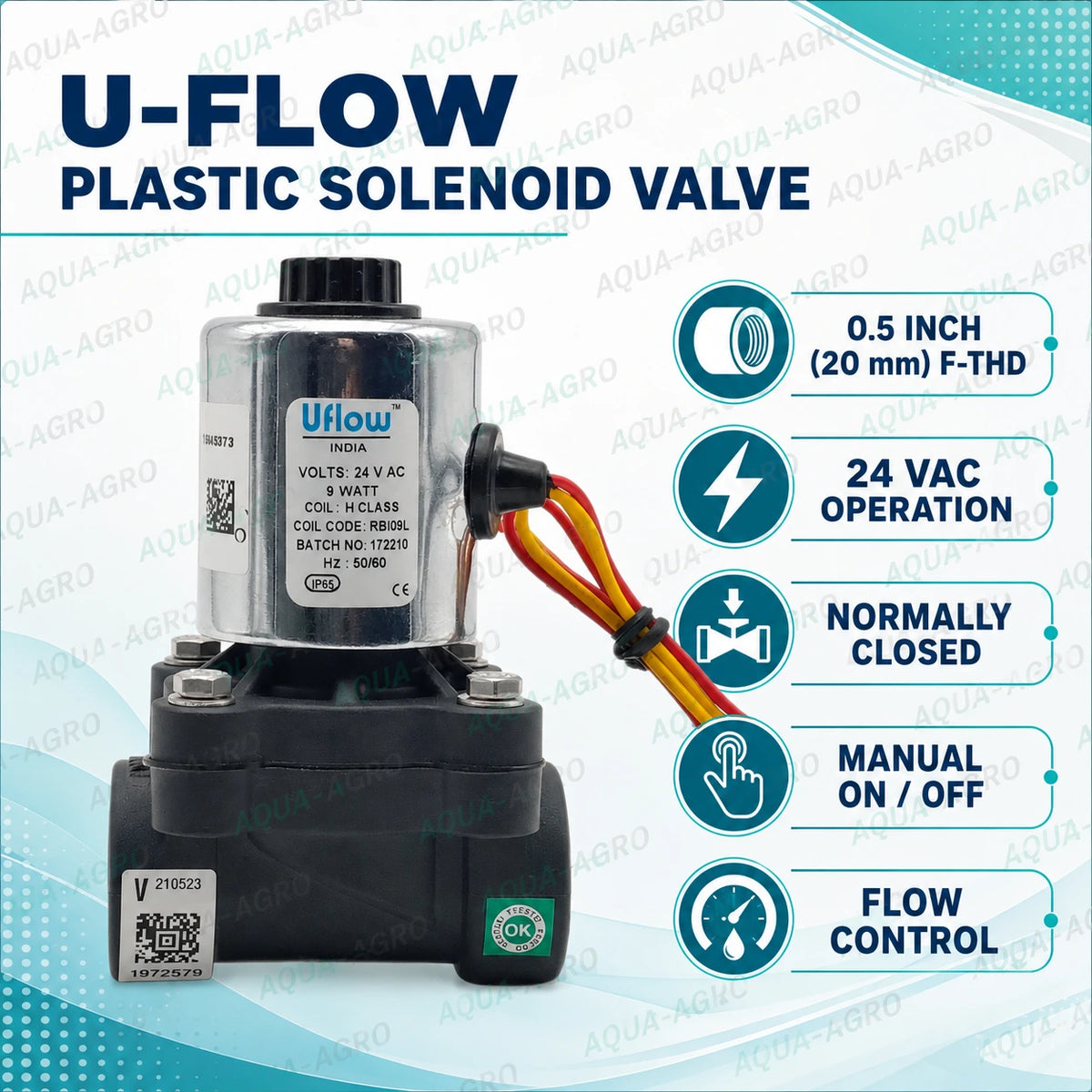 U-FLOW 0.5 inch 20mm female threaded plastic solenoid valve with 24 VAC coil flow control normally closed manual on off operation for automatic irrigation systems