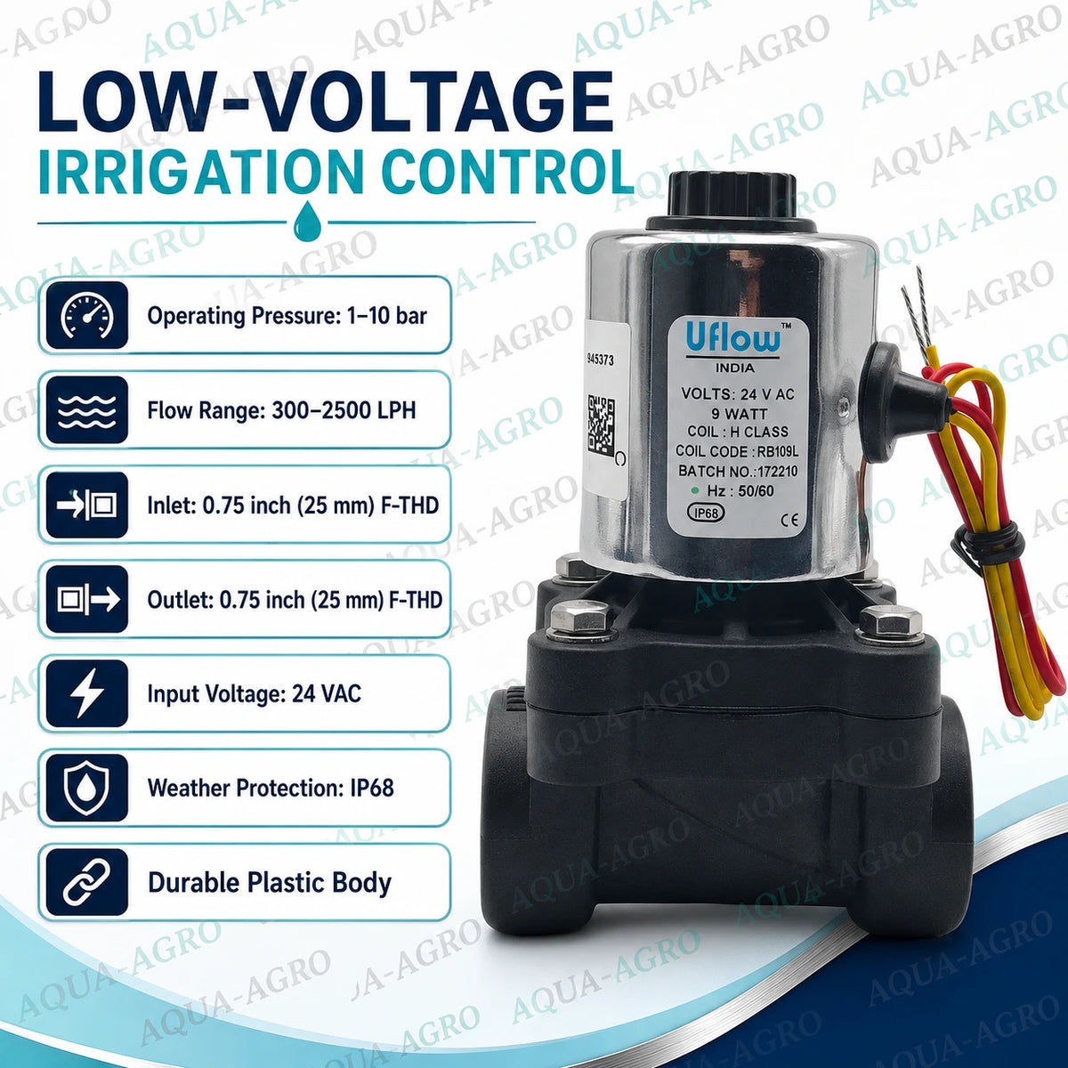 U-FLOW 0.75 inch 25mm female threaded plastic solenoid valve with 24 VAC coil flow control 1 to 10 bar operating pressure 300 to 2500 LPH for automatic irrigation systems