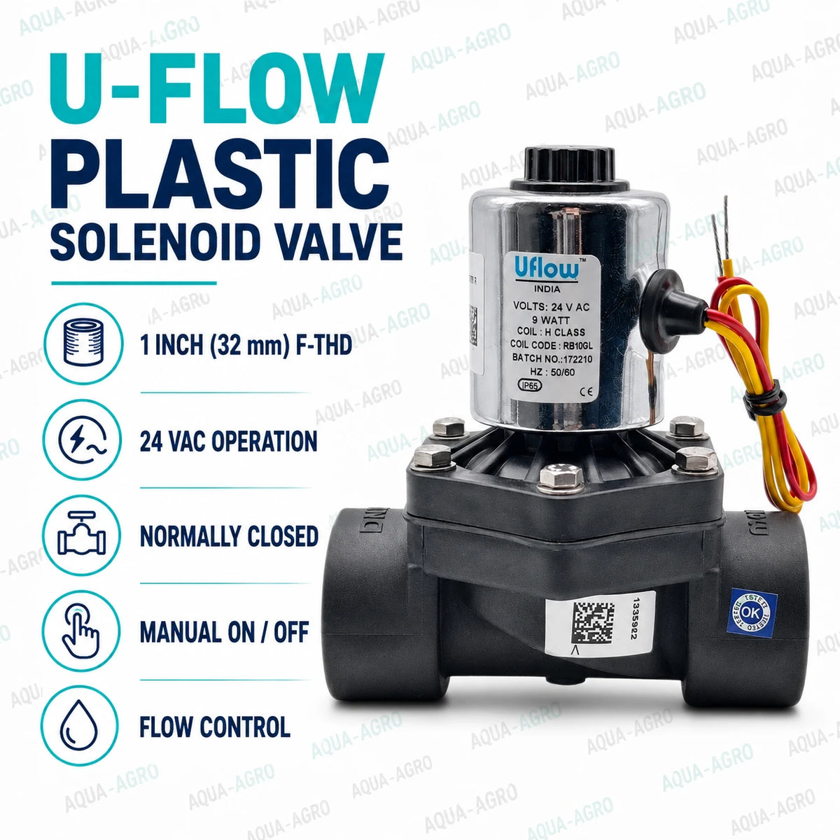 U-FLOW 1 inch 32mm female threaded plastic solenoid valve with 24 VAC coil flow control normally closed manual on off operation for automatic irrigation systems
