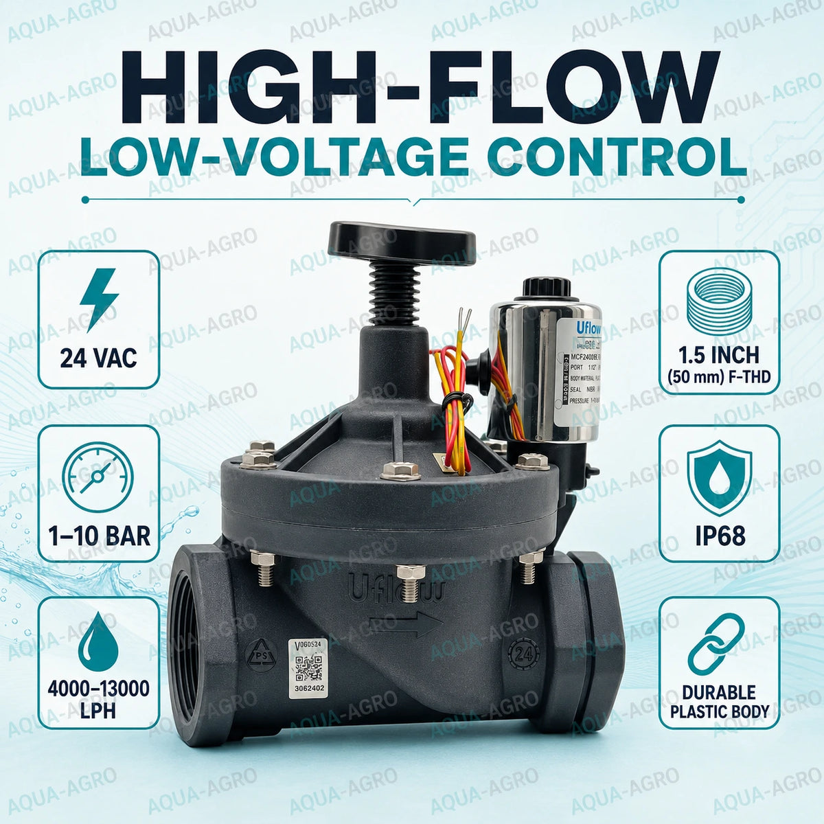 U-FLOW 1.5 inch 50mm female threaded plastic solenoid valve with 24 VAC coil flow control 1 to 10 bar pressure and 4000 to 13000 LPH flow for irrigation automation
