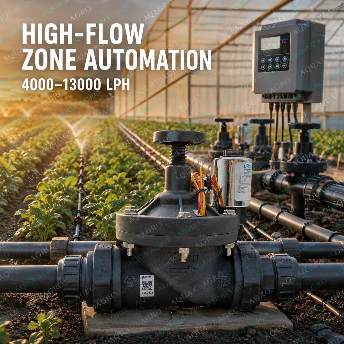U-FLOW 1.5 inch 50mm 24 VAC high flow solenoid valve installed in greenhouse irrigation automation system with flow control for agricultural drip irrigation and zone water control