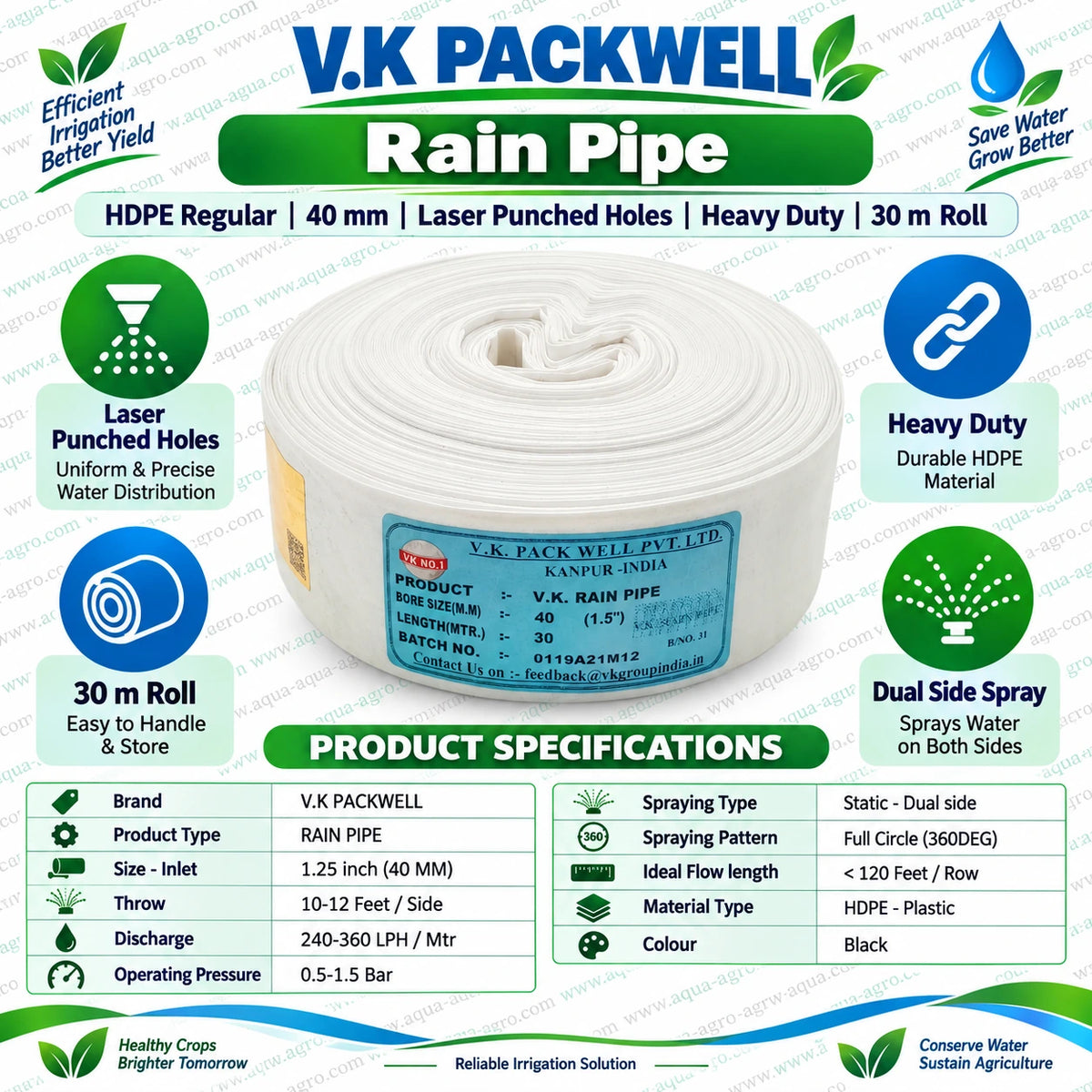 V.K PACKWELL 40mm Heavy Duty HDPE Rain Pipe 30 Meter Roll with Laser Punched Holes Dual Side Water Spray 10 to 12 Feet Throw and Low Pressure Irrigation for Agricultural Farming