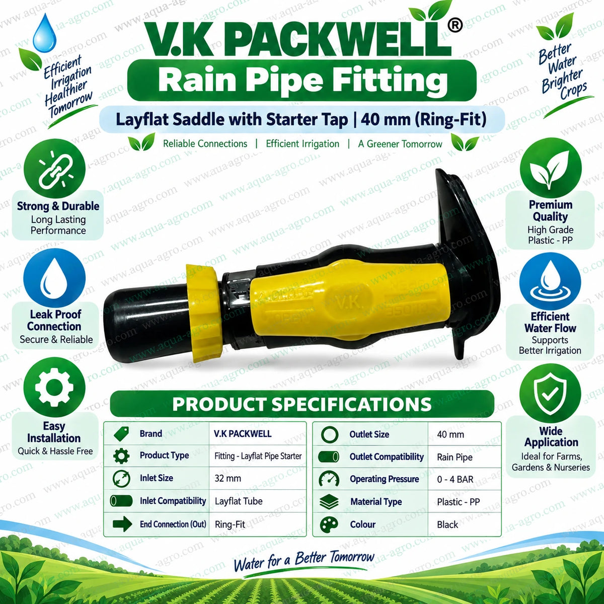 V K PACKWELL Premium 40mm Rain Pipe Layflat Saddle with Starter Tap Yellow Flow Control Handle Durable Black PP Plastic Body 32mm Inlet and 40mm Ring Fit Outlet for Farm Garden and Nursery Irrigation