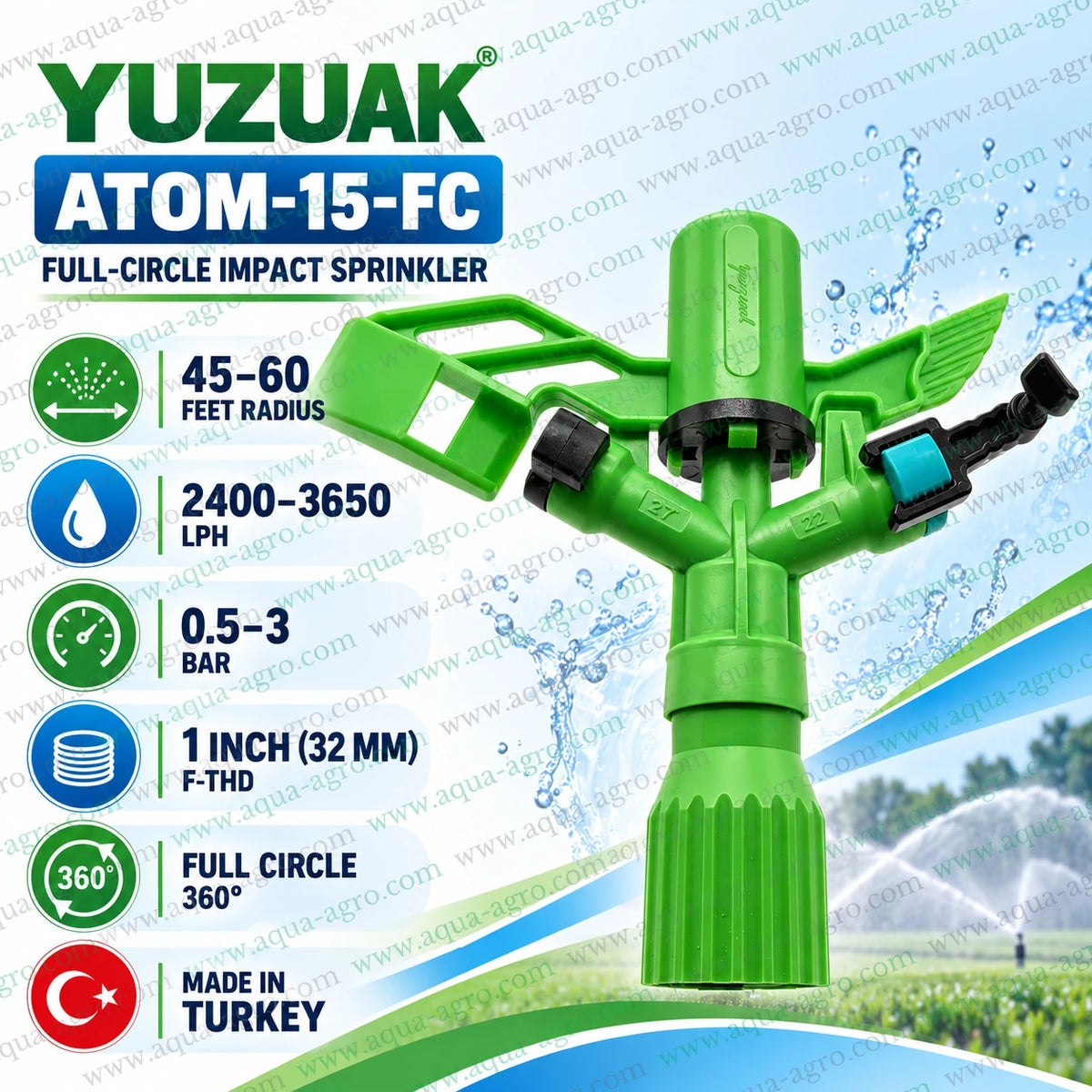 YUZUAK Turkey ATOM-15-FC full circle 360 degree plastic impact sprinkler 45 to 60 feet radius 2400 to 3650 LPH 0.5 to 3 bar 1 inch 32mm female threaded agricultural irrigation sprinkler