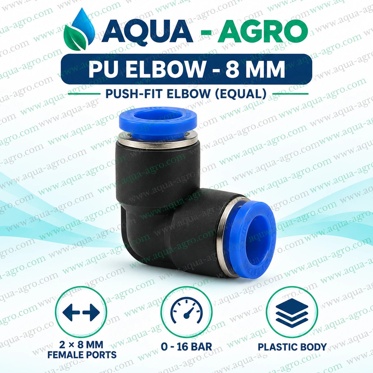 AQUA AGRO 8mm pneumatic PU elbow push fit fitting with black plastic body blue release rings and two 8mm female ports for fogger systems greenhouse misting and poultry farm cooling applications