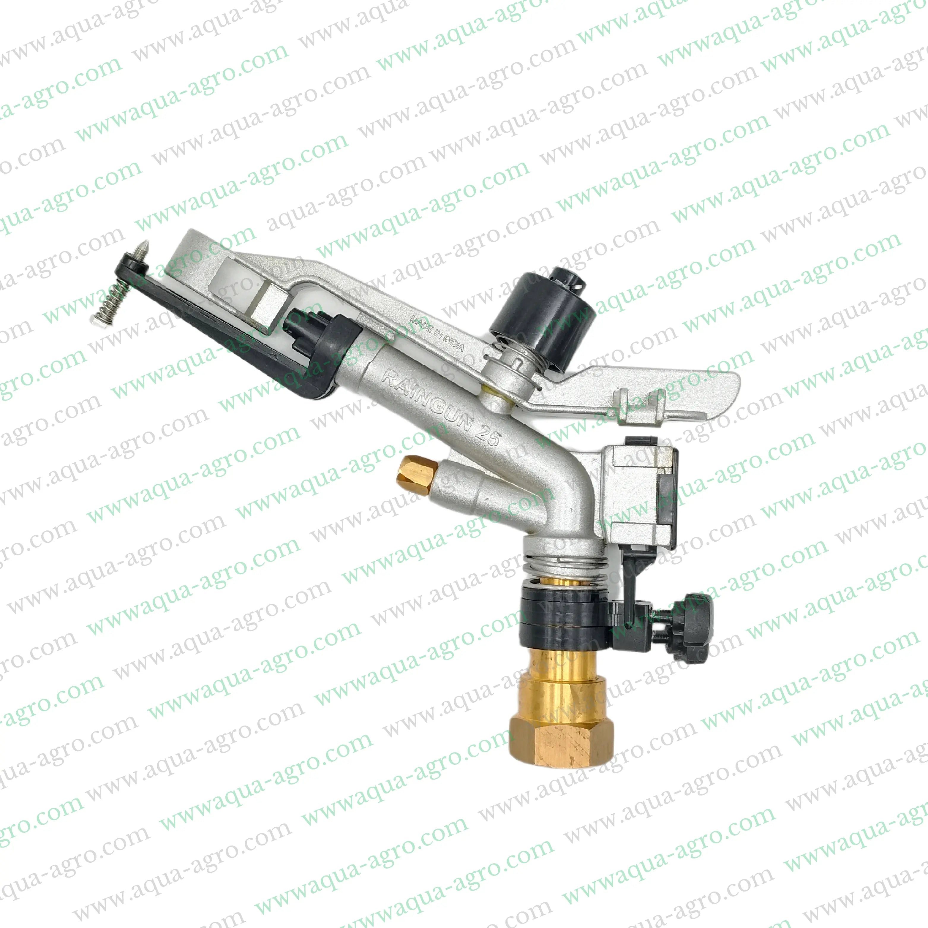 Jalpari RG-25 rain gun sprinkler for agriculture, adjustable 40-60 ft radius, durable aluminum body, efficient irrigation.